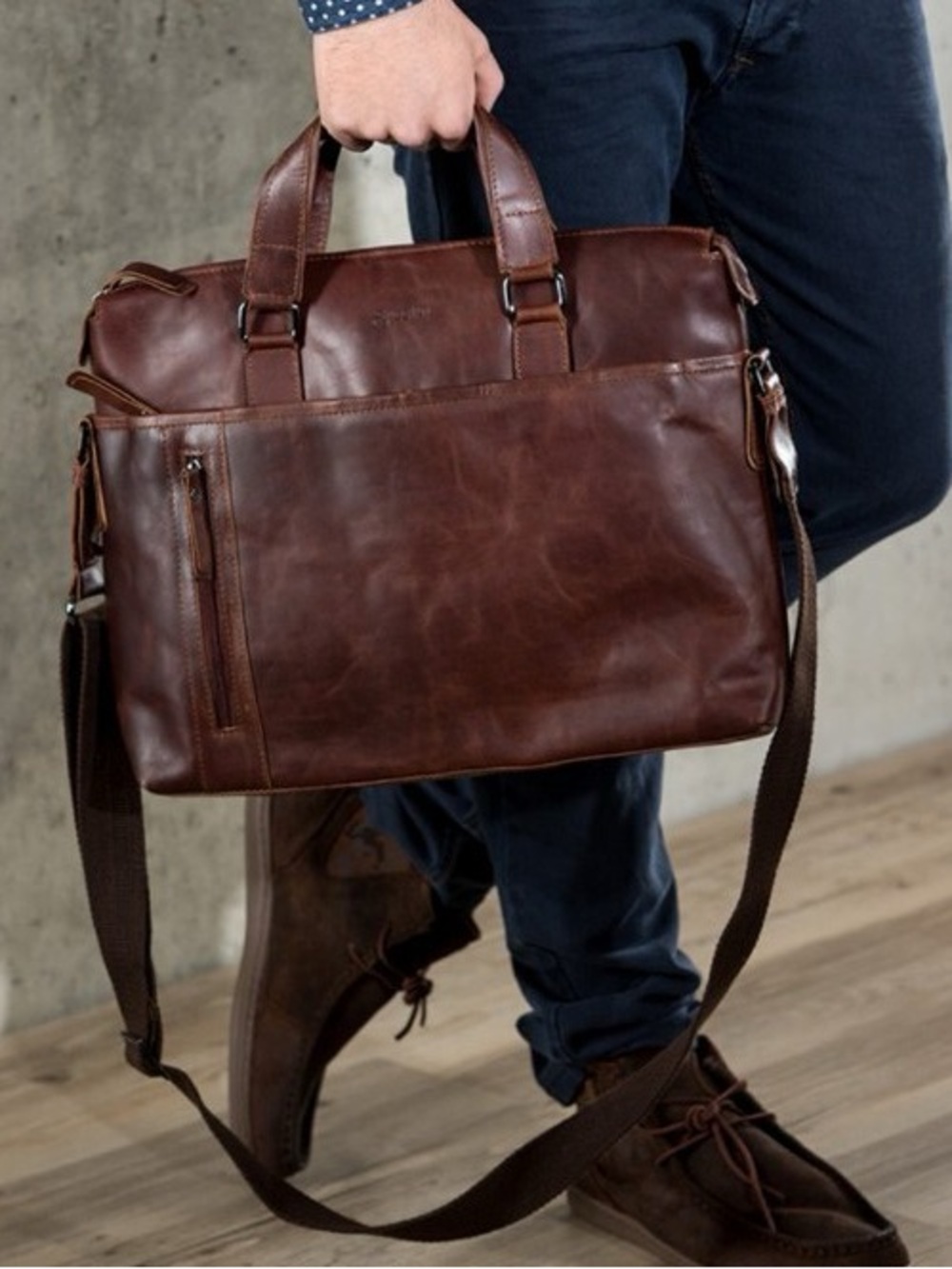 Baccini Milano Leather Messenger Bag Brown Distressed Travel Work Tote Large